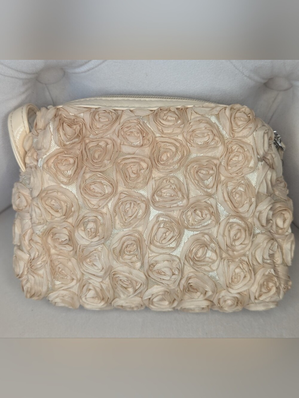 Stephanie Johnson Cream Rose Appliqué Cosmetic Bag